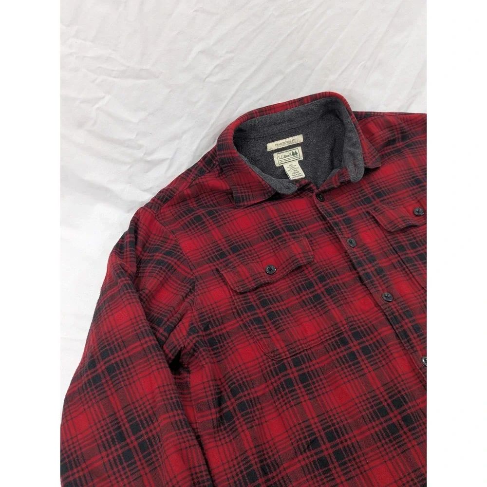 LL‎ Bean Jacket Mens Large Reg Red  Shacket Fleece Flannel Shirt Traditional Fit